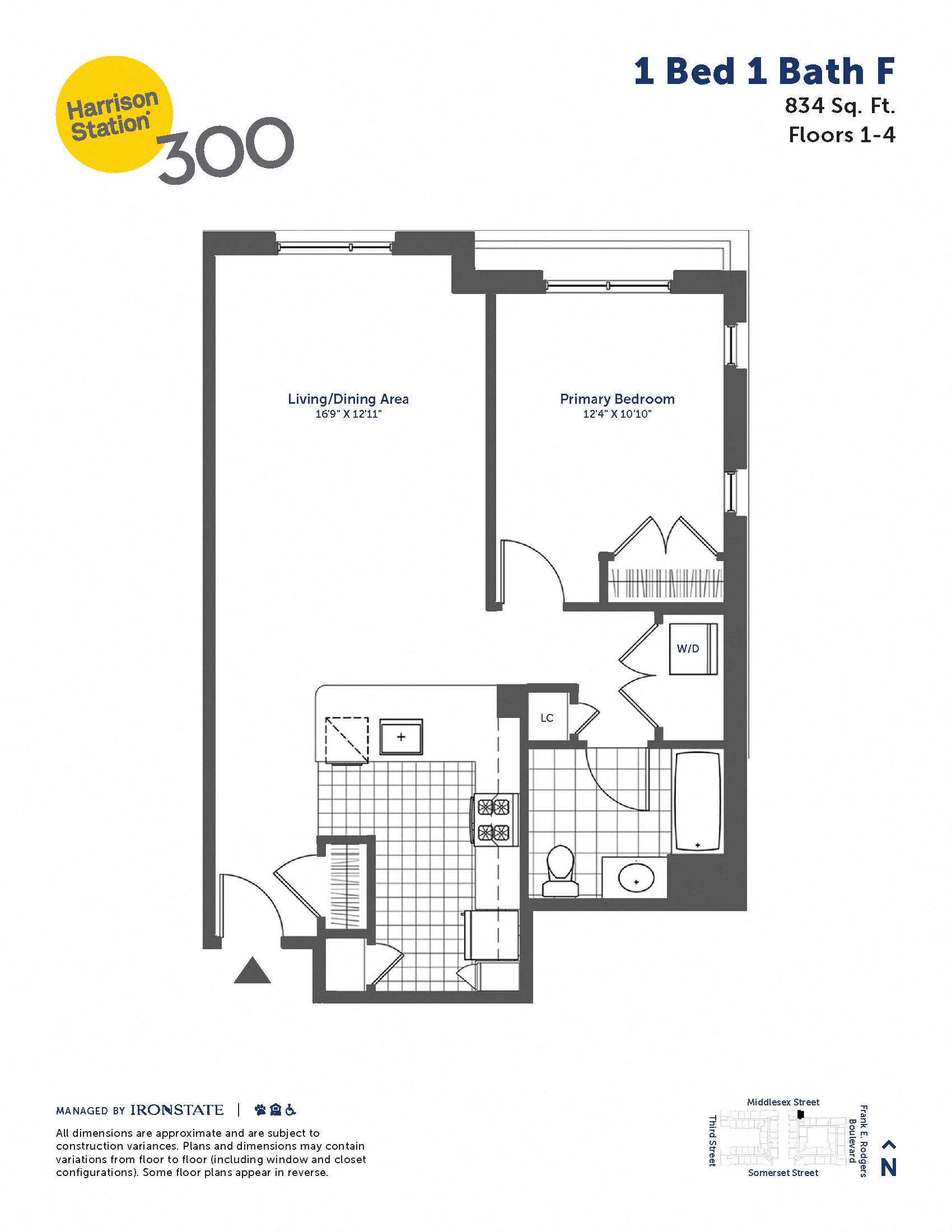Floor plan for 1 bed, 1 bath, 834 sqft